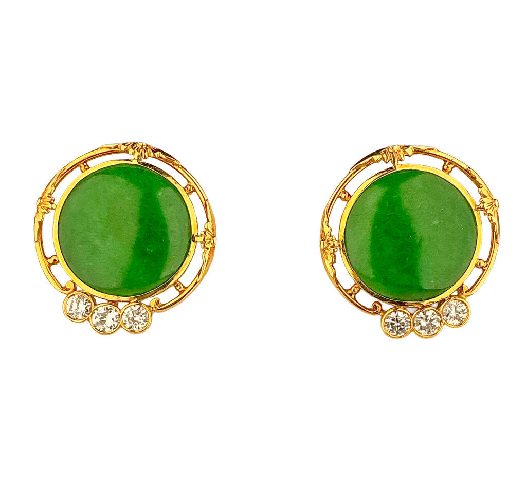 14K Gold, Green Jade, & Diamond Earrings