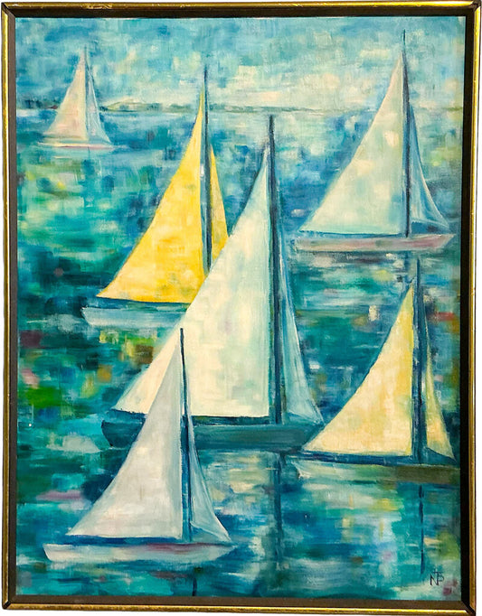 Artist Unknown. Mid Century Sailboats. Oil on Canvas.