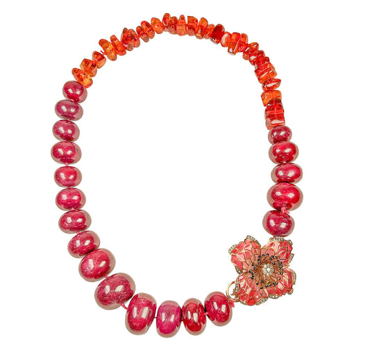 Ruby Cabachon & Amber Bead Necklace w 14K plique-a-jour Flower Clasp - Opportunity Shop DC