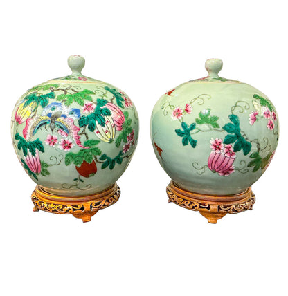 PAIR Chinese Famille Rose Ginger Jars w/ Stands