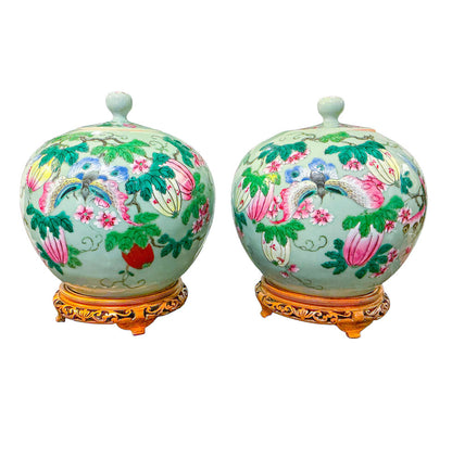 PAIR Chinese Famille Rose Ginger Jars w/ Stands