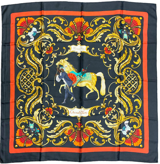 Vintage Hermes Cheval Turc Scarf. Black, Red, Ivory, Gold, Green - Opportunity Shop DC
