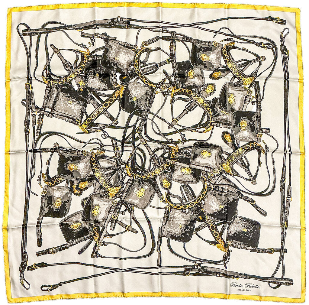 Vintage Hermes "Brides Rebelles" Scarf Black, Gold, White - Opportunity Shop DC