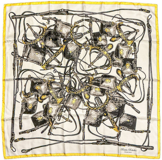 Vintage Hermes "Brides Rebelles" Scarf Black, Gold, White - Opportunity Shop DC