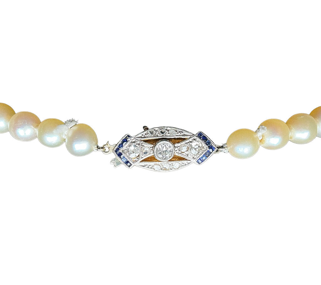 Graduated Cultured Pearl Necklace w YG Clasp Set w Diamonds & Sapphires - Opportunity Shop DC