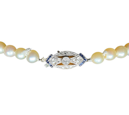 Graduated Cultured Pearl Necklace w YG Clasp Set w Diamonds & Sapphires - Opportunity Shop DC