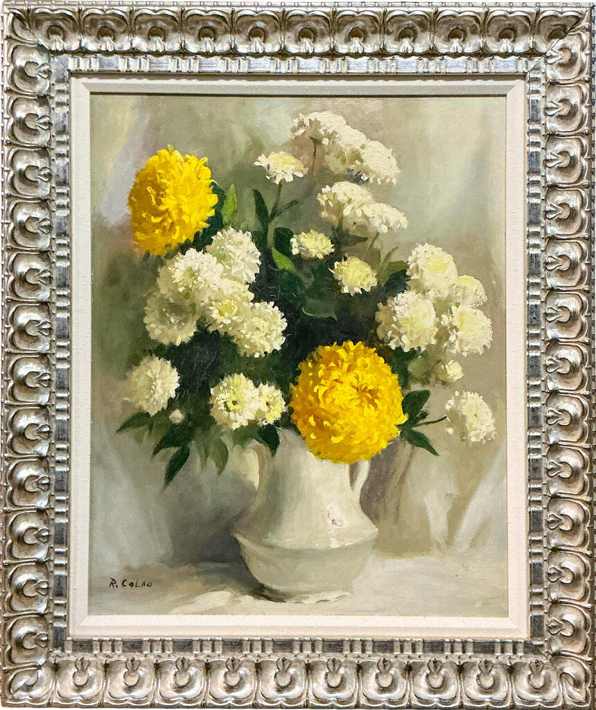 Rudolph Calao. Mums in White Pitcher. Oil on Board.