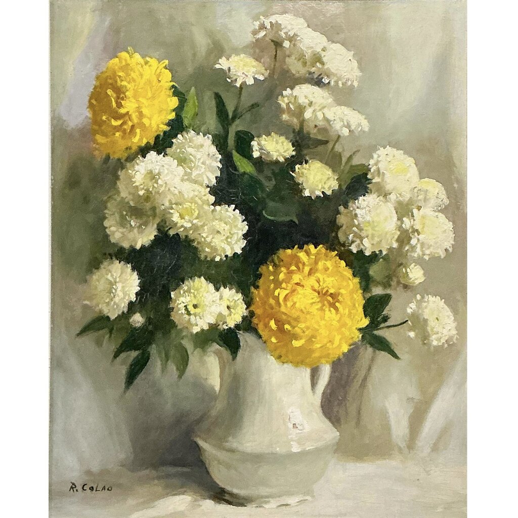 Rudolph Calao. Mums in White Pitcher. Oil on Board.