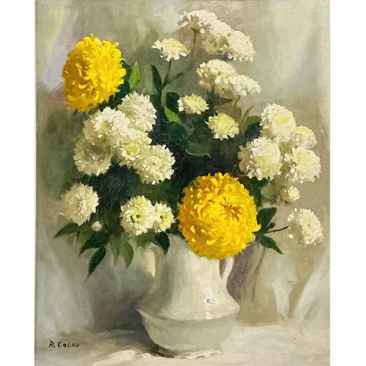 Rudolph Calao. Mums in White Pitcher. Oil on Board.