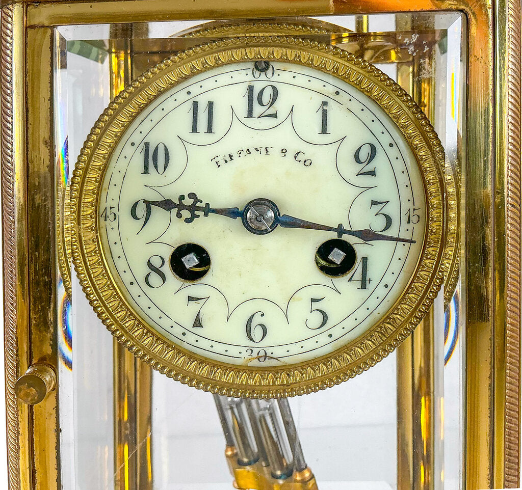Antique French Crystal Regulator. Gilt Brass. Beveled Panels. Enameled Dial.