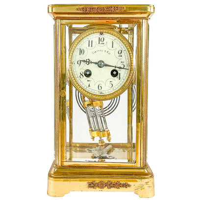 Antique French Crystal Regulator. Gilt Brass. Beveled Panels. Enameled Dial.