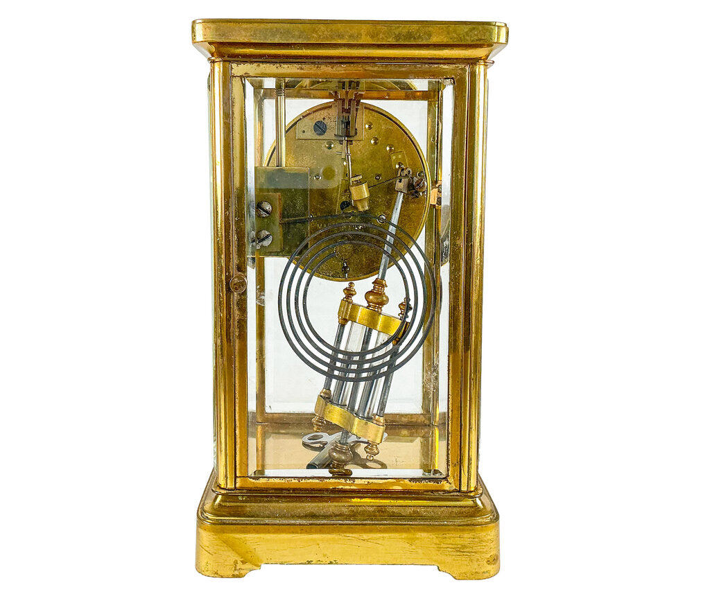 Antique French Crystal Regulator. Gilt Brass. Beveled Panels. Enameled Dial.