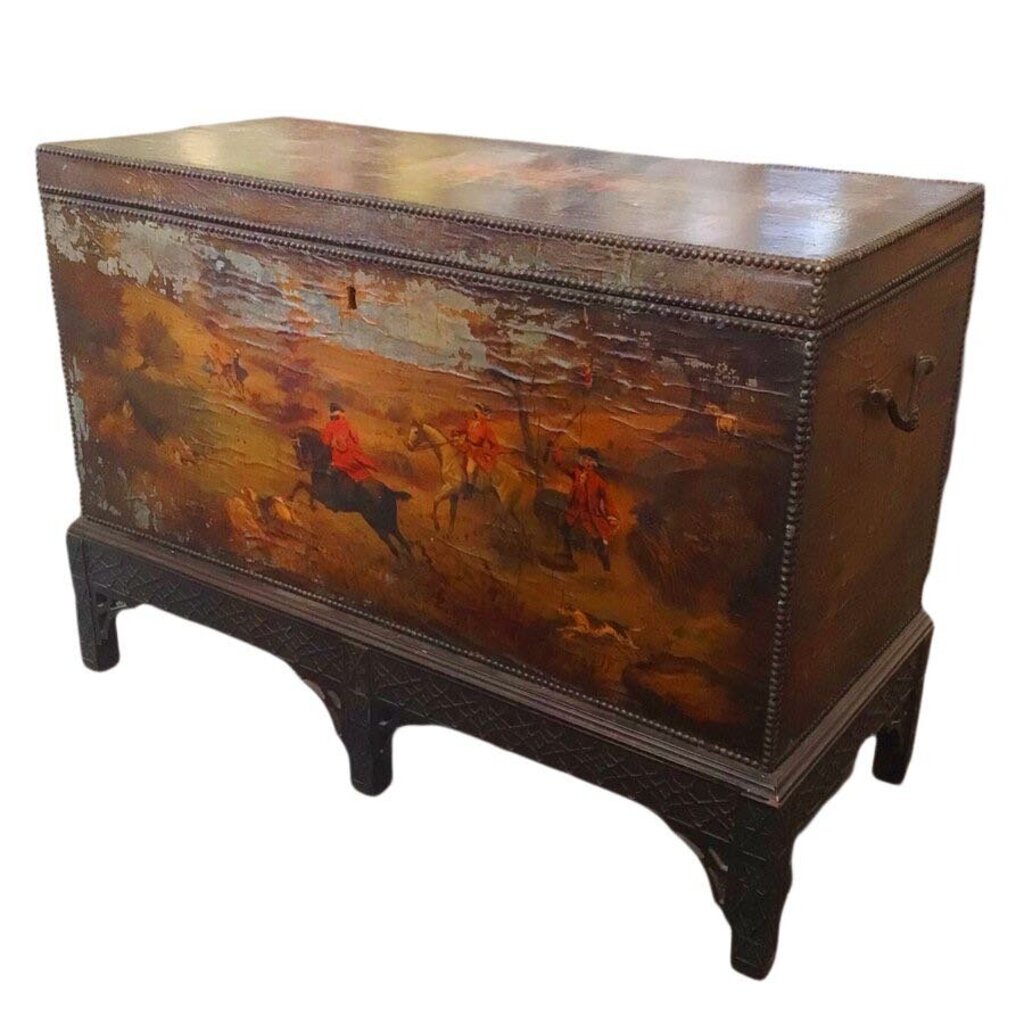 Equestrian Leather-Clad Painted Trunk on Stand. 18th C. Later Stand.
