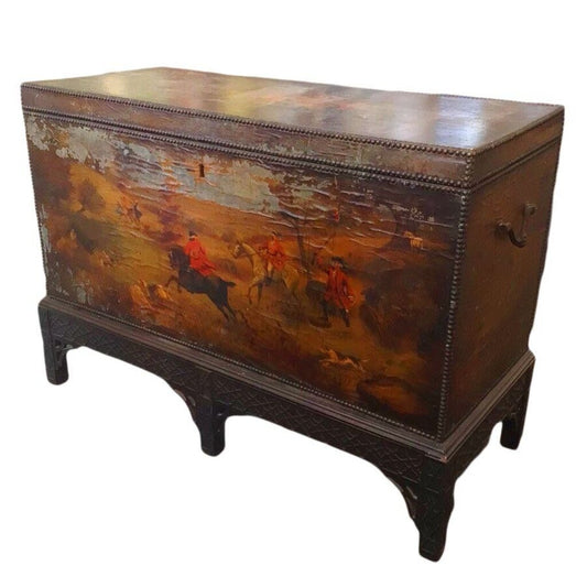 Equestrian Leather-Clad Painted Trunk on Stand. 18th C. Later Stand.