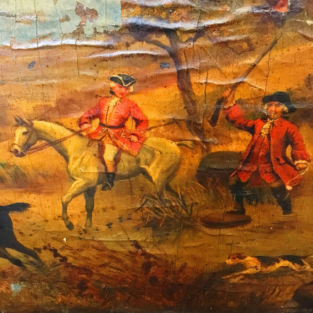 Equestrian Leather-Clad Painted Trunk on Stand. 18th C. Later Stand.