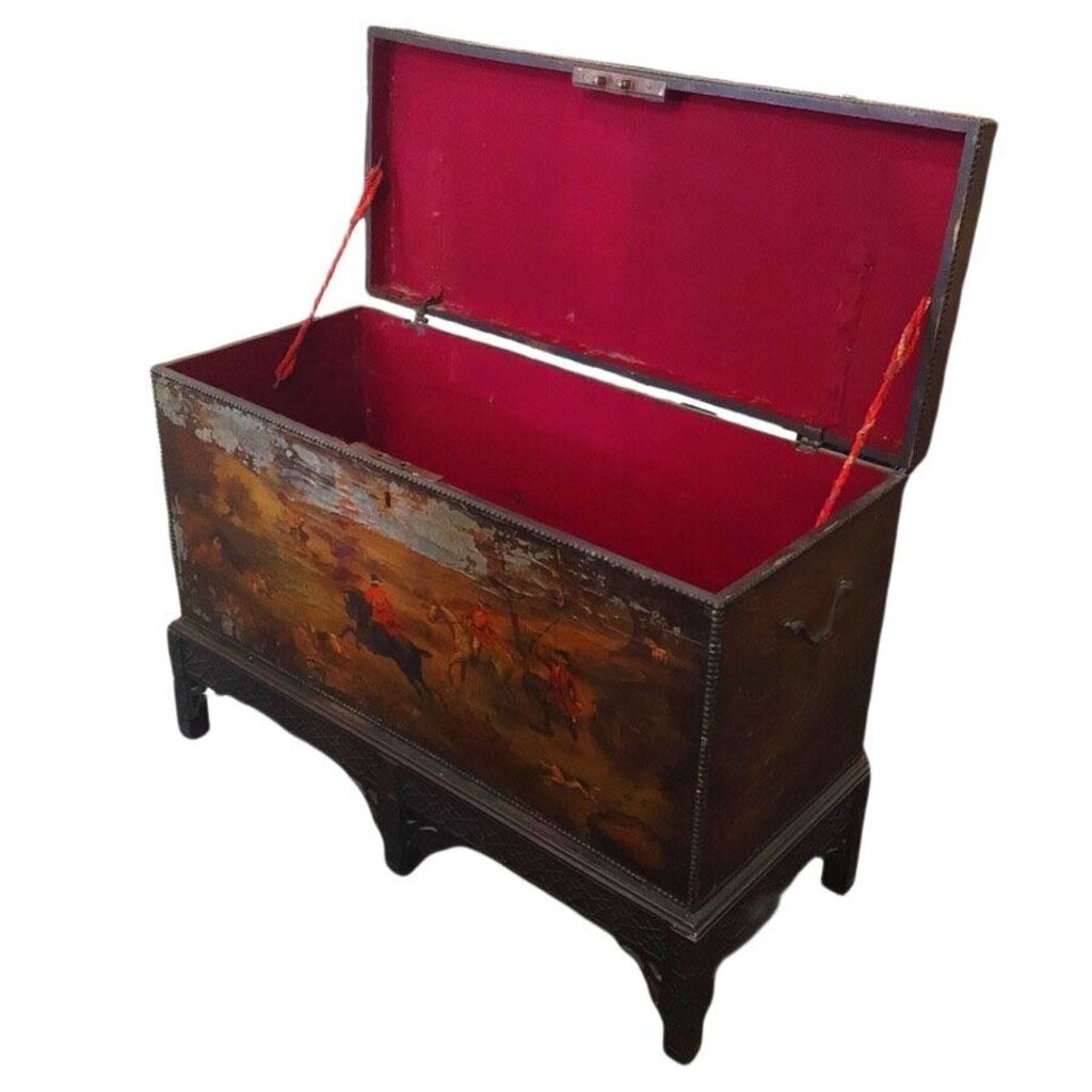 Equestrian Leather-Clad Painted Trunk on Stand. 18th C. Later Stand.
