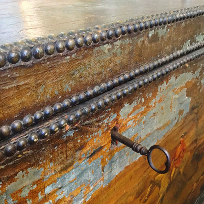 Equestrian Leather-Clad Painted Trunk on Stand. 18th C. Later Stand.