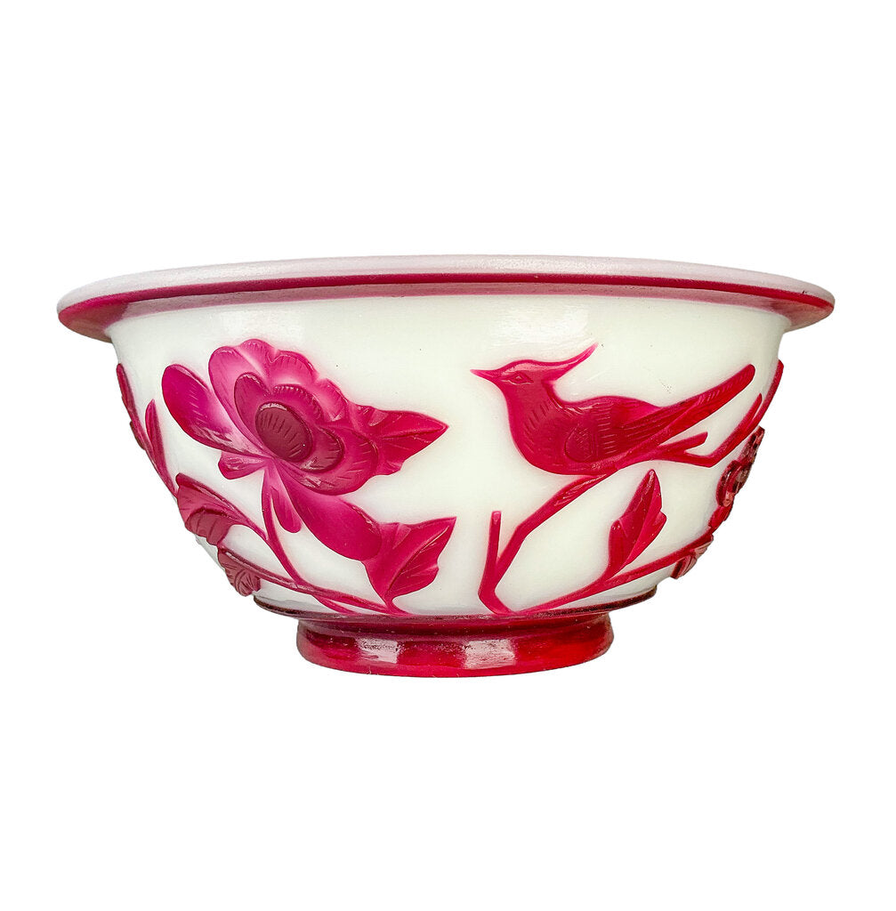 Antq Chinese Cameo Peking Glass Bowl w/ Flowers 1920s