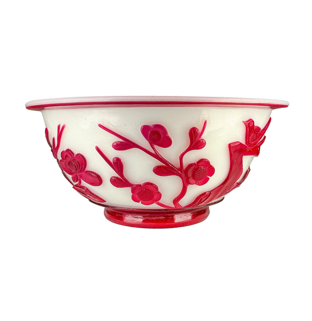 Antq Chinese Cameo Peking Glass Bowl w/ Flowers 1920s