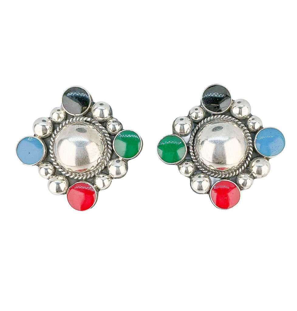 Mexican Sterling & Colored Stones Clip Earrings