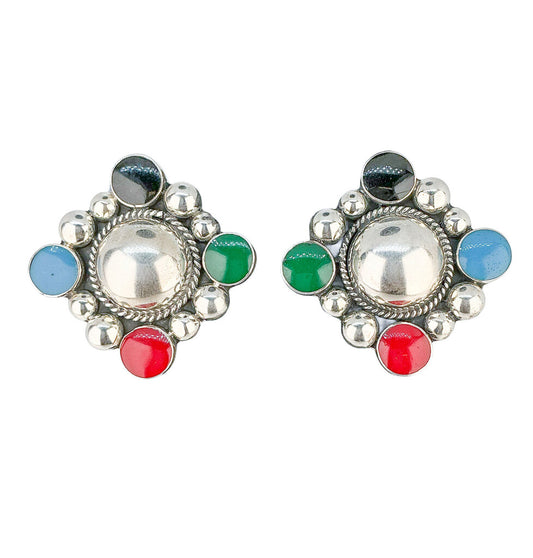 Mexican Sterling & Colored Stones Clip Earrings
