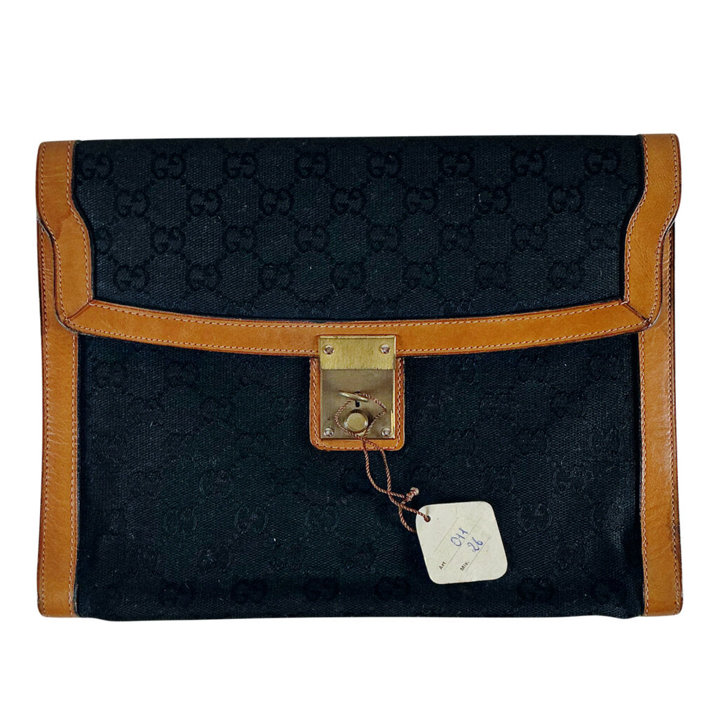 Vintage Gucci Logo Black Canvas w Brown Leather Trim Clutch