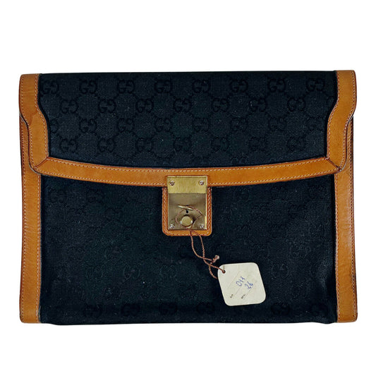 Vintage Gucci Logo Black Canvas w Brown Leather Trim Clutch