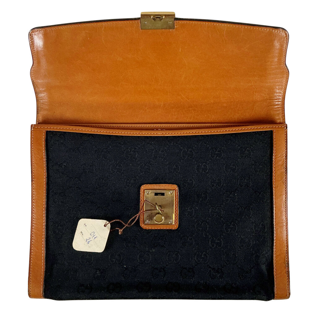Vintage Gucci Logo Black Canvas w Brown Leather Trim Clutch