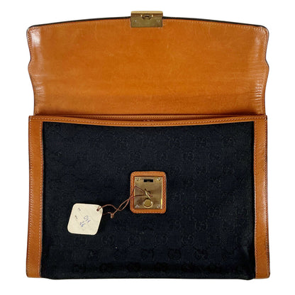 Vintage Gucci Logo Black Canvas w Brown Leather Trim Clutch
