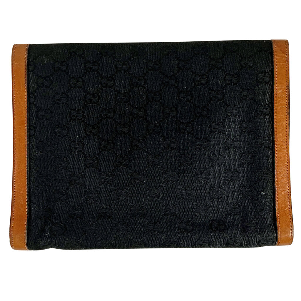 Vintage Gucci Logo Black Canvas w Brown Leather Trim Clutch
