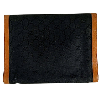 Vintage Gucci Logo Black Canvas w Brown Leather Trim Clutch