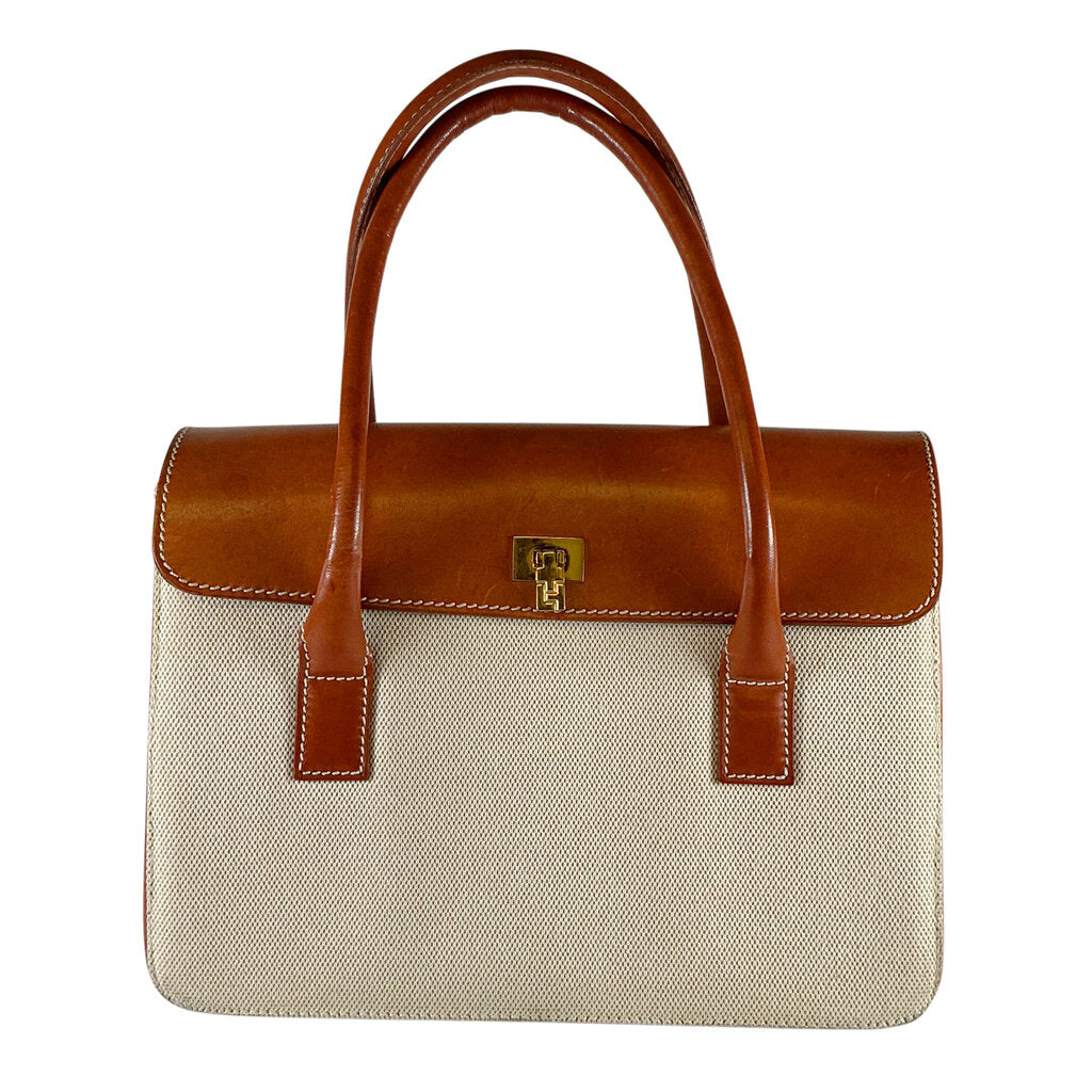 Lanbertson Truex Brown Leather & Cream Canvase Top Handle Purse