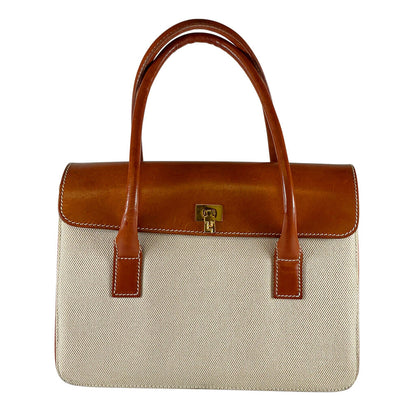 Lanbertson Truex Brown Leather & Cream Canvase Top Handle Purse