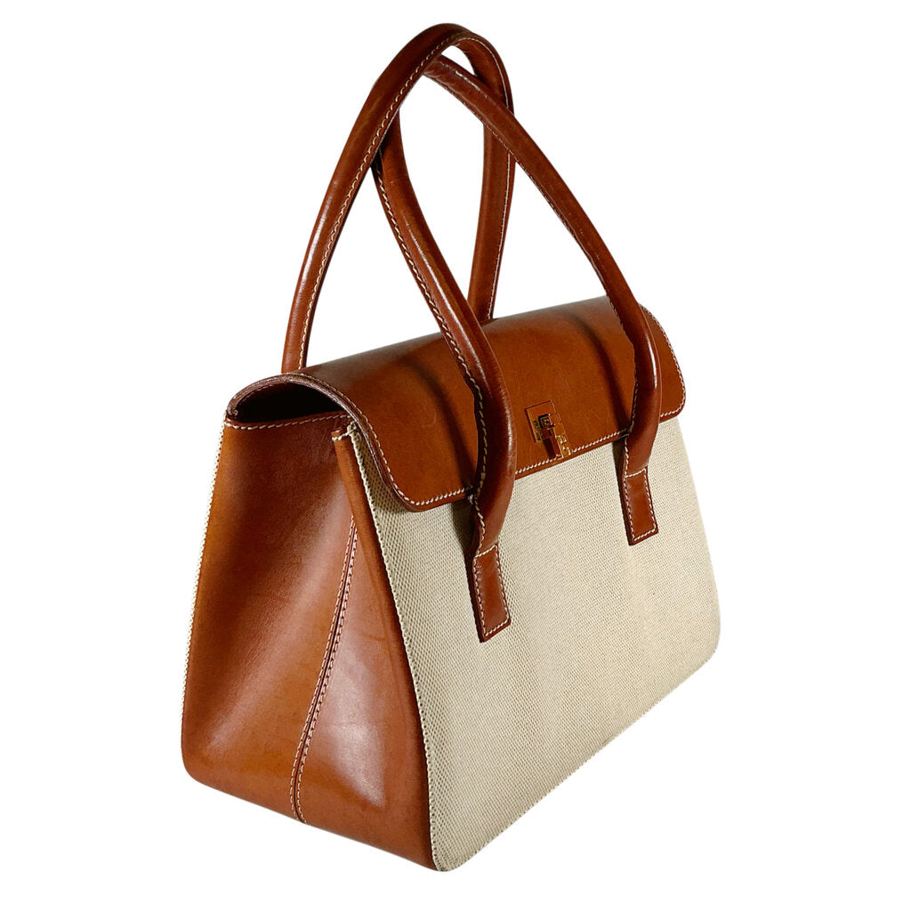 Lanbertson Truex Brown Leather & Cream Canvase Top Handle Purse