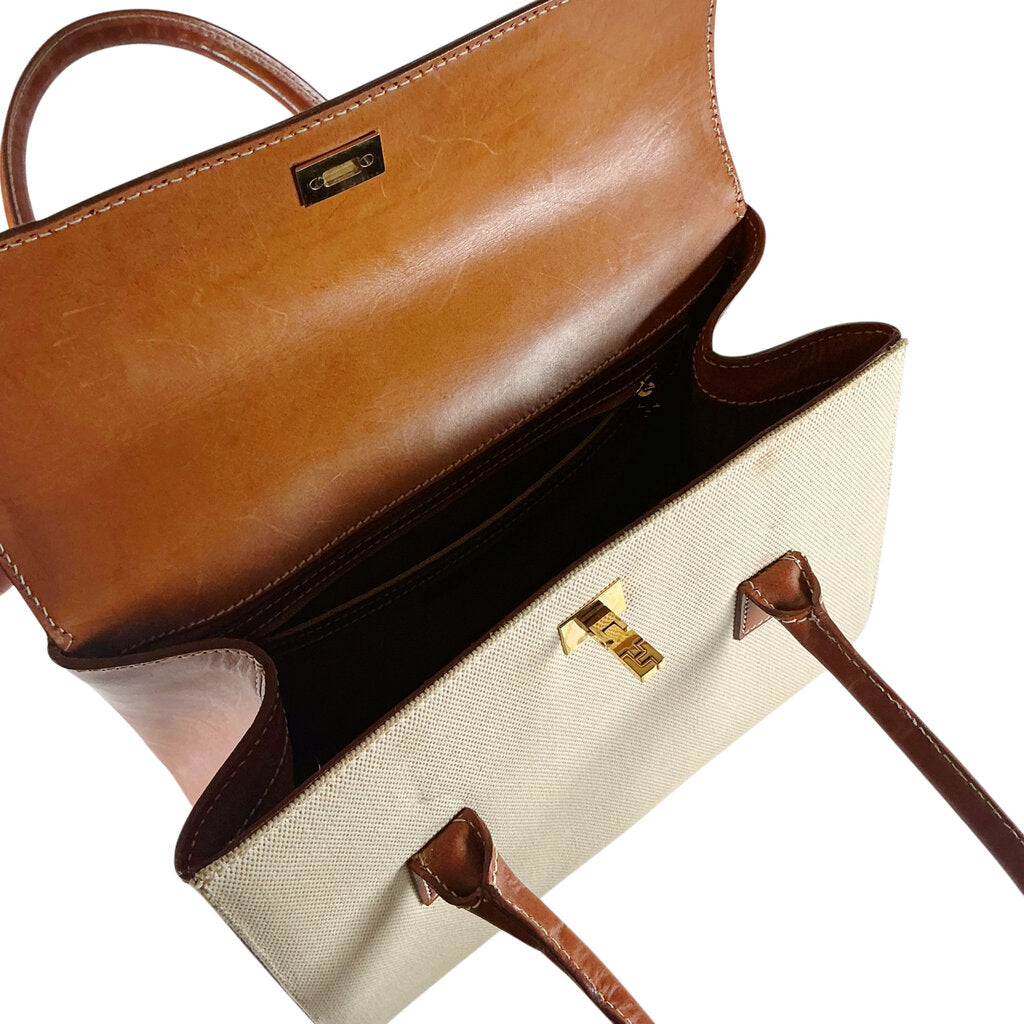 Lanbertson Truex Brown Leather & Cream Canvase Top Handle Purse
