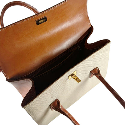 Lanbertson Truex Brown Leather & Cream Canvase Top Handle Purse