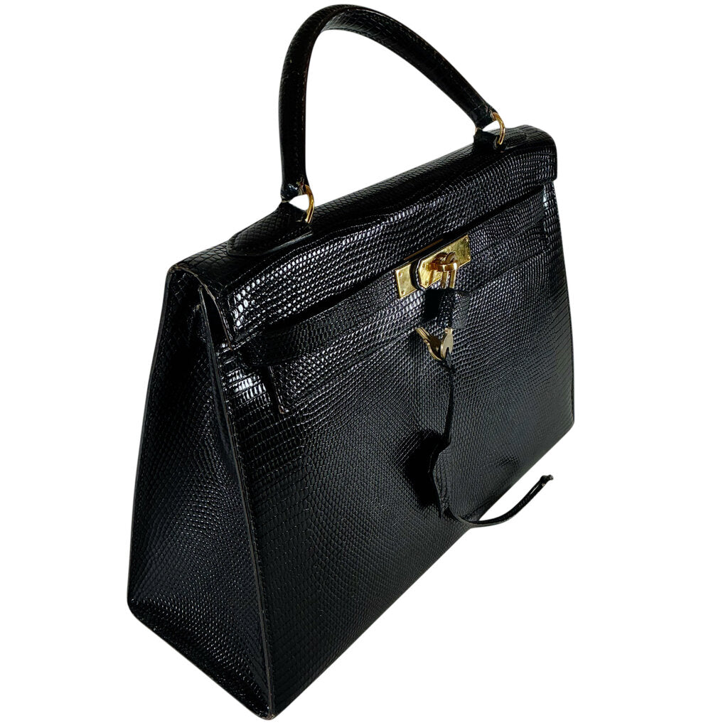 Hermes Kelly 32 Noir Lizard Leather w Gold Hardware Purse