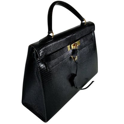Hermes Kelly 32 Noir Lizard Leather w Gold Hardware Purse