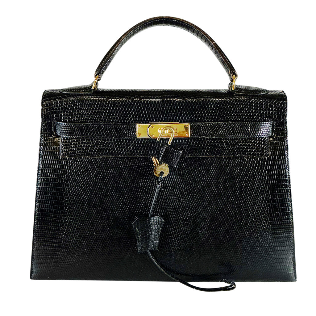 Hermes Kelly 32 Noir Lizard Leather w Gold Hardware Purse
