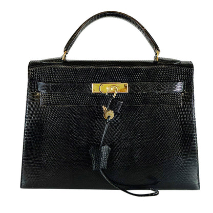 Hermes Kelly 32 Noir Lizard Leather w Gold Hardware Purse