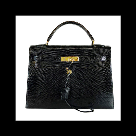 Hermes Kelly 32 Noir Lizard Leather w Gold Hardware Purse