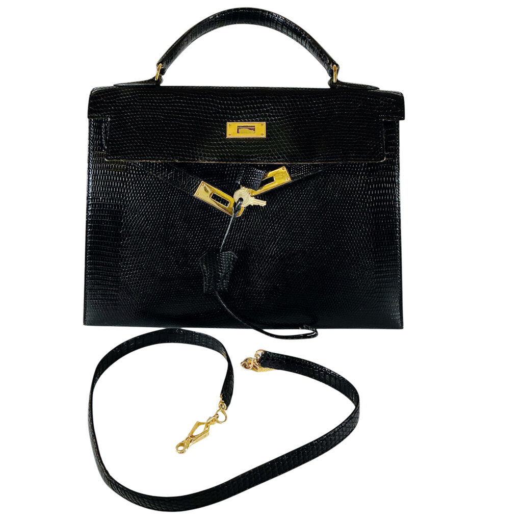 Hermes Kelly 32 Noir Lizard Leather w Gold Hardware Purse