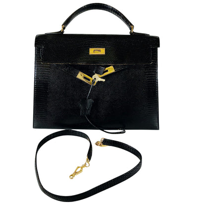 Hermes Kelly 32 Noir Lizard Leather w Gold Hardware Purse