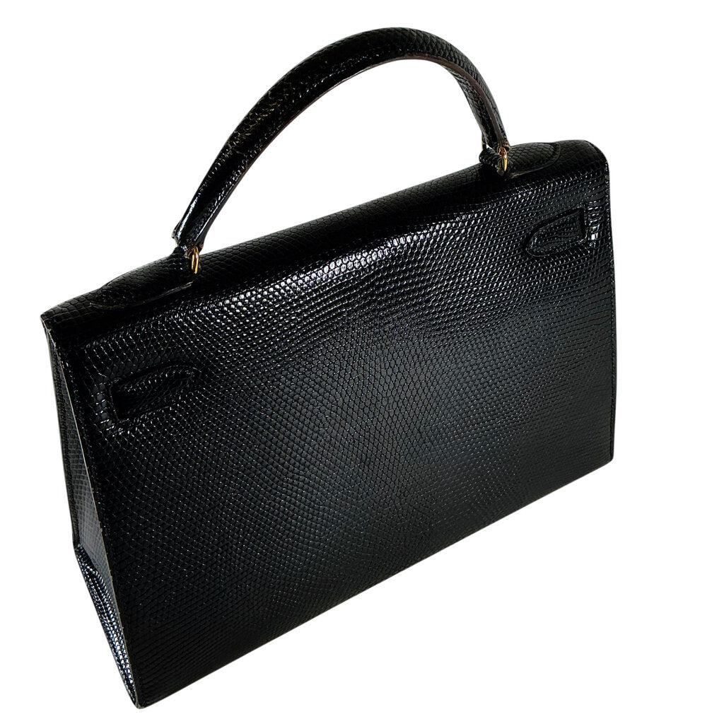 Hermes Kelly 32 Noir Lizard Leather w Gold Hardware Purse