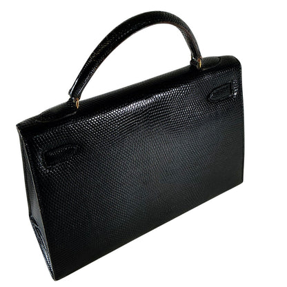 Hermes Kelly 32 Noir Lizard Leather w Gold Hardware Purse
