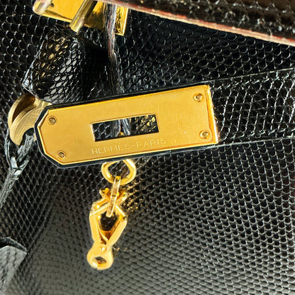 Hermes Kelly 32 Noir Lizard Leather w Gold Hardware Purse