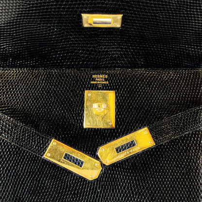 Hermes Kelly 32 Noir Lizard Leather w Gold Hardware Purse