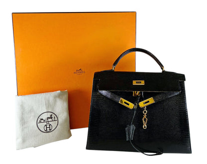 Hermes Kelly 32 Noir Lizard Leather w Gold Hardware Purse