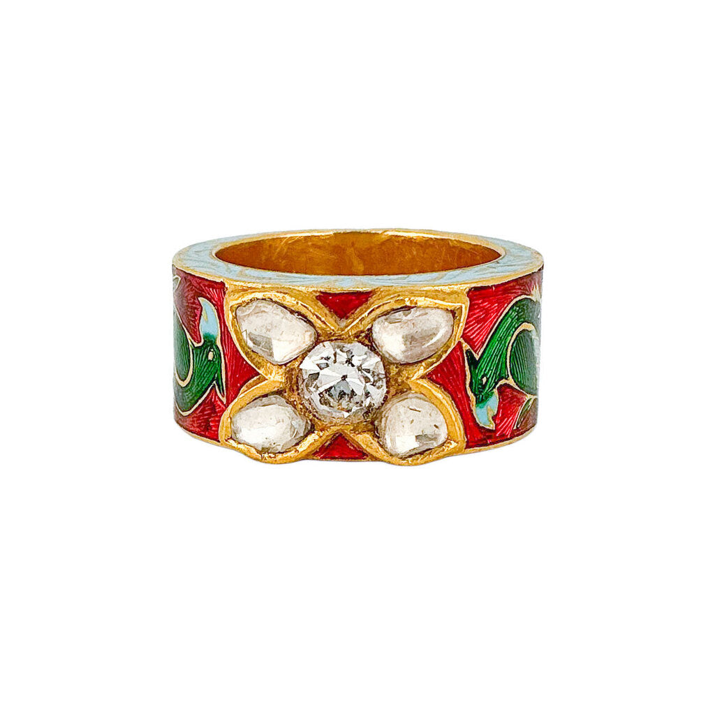 Mughal Indian-Style Enamel & Clear Stone Ring