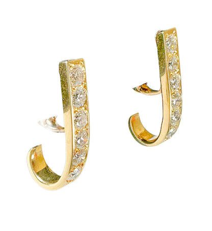 14K YG Channel Set Diamond J Hoop Omega Back Earrings